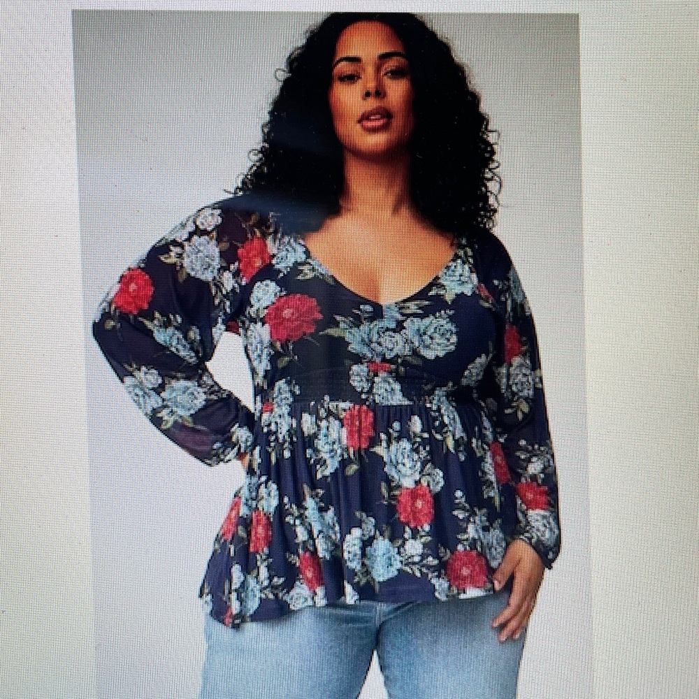 Torrid Navy Floral Blouse with Red and Blue Accents